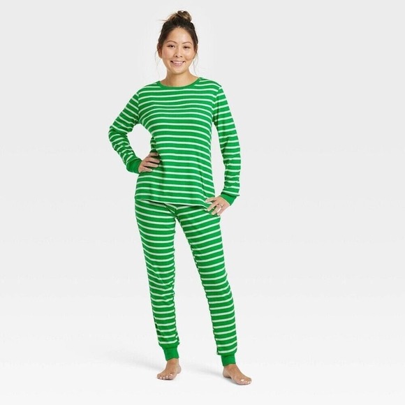 Women's Striped 100% Cotton Matching Family Pajama Set - Green S - Picture 1 of 2